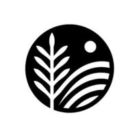 Monochrome depicting a stylized wheat stalk, sun, and undulating fields within a circular frame, symbolizing agriculture and nature. vector