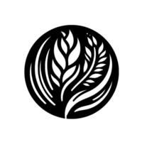 Elegant black and white botanical emblem featuring stylized wheat and leaf elements contained within a circular frame. vector