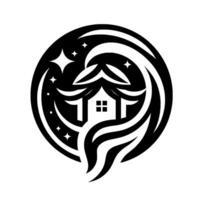Japaneseinspired emblem featuring a stylized house with a crossshaped window, within a black circle, starry sky, and swirling design, conveying peace. vector