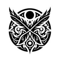 Ornate Circular Emblem Stylized Black Tribal Owl Design, Feathers, Geometric, Symmetrical on White Background vector