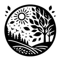 A minimalist, stylized landscape within a circle featuring a radiant sun, trees, forest, rolling hills, birds, and falling leaves in a striking black and white design. vector