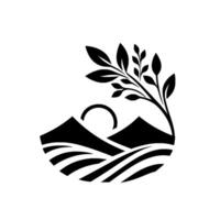 A stylized minimalist featuring a black and white landscape with mountains, a rising sun, rolling hills, and an ascending leafy branch, symbolizing growth. vector