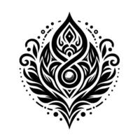 Intricate monochrome symmetrical featuring stylized leaves, swirls, and geometric shapes in a teardrop formation, framed by dotted accents. vector