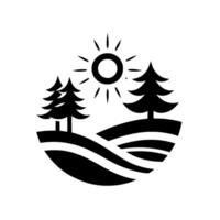 Simple black and white illustration featuring a stylized landscape within a circular frame, showcasing a sun, rolling hills, and pine trees. vector
