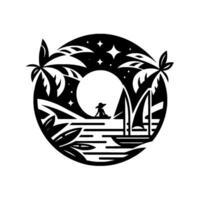 Silhouette of a woman with a hat gazing at the moonlit ocean, framed within a circular with sailboats and palm trees under a starry sky. vector