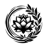Elegant Black and White Lotus Flower Emblem A Serene Floral Enclosed in a Circular Frame of Curved Lines, Accented by Leafy Sprigs, Evoking Tranquility. vector