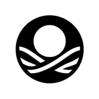 A minimalist emblem featuring a circle with a white orb and intersecting wavy lines, representing a stylized landscape. vector