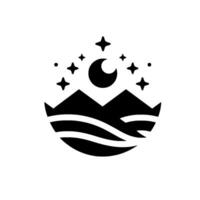Silhouette of Mountains, Waves, Crescent Moon, and Stars, Enclosed in a Circular Frame, Minimalist on White. vector