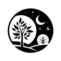 A serene black and white circular illustration depicting a tranquil night scene with a large tree, moon, stars, and flying birds, representing natures balance. vector