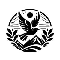Stylized Silhouette A soaring dove encircled by a laurel wreath, above mountain peaks, and a sun, symbolising freedom and peace. vector