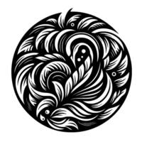 A swirling black and white circular design, comprised of intricate floral and avian motifs, evoking nature and symmetry, against a plain white background. vector
