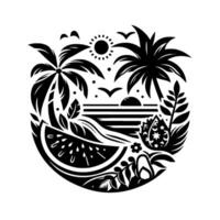Serene Black and White Tropical Scene Silhouette of Palm Trees, Watermelon, Sunset, and Floral Elements in a Circular Composition. vector