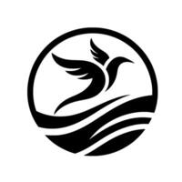 Elegant Black and White Silhouette of a Bird Soaring Over Waves Within a Circular Frame, Representing Freedom and Movement. vector