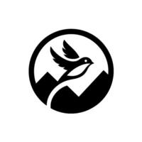 A minimalist black and white featuring a stylized bird in flight, soaring over a mountain range within a circular frame, symbolizing freedom and nature. vector