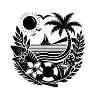 A stylized black and white summer emblem showcasing tropical beach elements within a rounded composition. Includes sun, palm tree, sailboat, waves, flowers, and a life preserver, symbolizing a relaxin vector