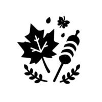 A stark black and white illustration of Autumn symbols a large maple leaf, a stylized leaf, raindrops, a skewered corn cob, and decorative sprigs, all on a white backdrop. vector