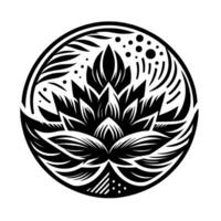 Intricate Black and White Floral Mandala Within a Circle, Featuring Detailed Petals, Leaves, and Decorative Elements, Symbolic of Growth. vector