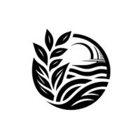 A stylized, circular featuring a black and white depiction of a serene coastal scene, combining leaves, waves, and a bridge. vector