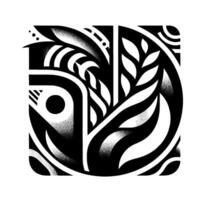 Stylized Black and White Composition Geometric Leaf and Branch Arrangement in a Square, with Dot Shading and Curved Lines. vector