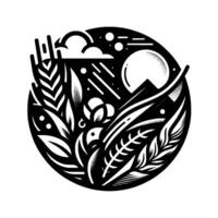 Stylized black and white illustration within a circle, featuring a landscape with mountains, a sun, clouds, and various plant life. vector