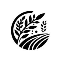 Stylized Black and White Logo Wheat and Leaves in a SemiCircle, Representing Agriculture and Natures Growth, Overlooking a Grassy Field. vector