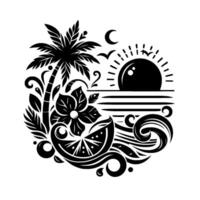 A stylized, monochromatic depiction of a tropical sunset, featuring a palm tree, hibiscus, citrus, and ocean waves. Birds soar under the moon, adding a touch of serenity. vector