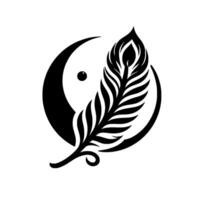 Stylized Black and White Yin Yang Composition featuring a feather and an eyelike dot within a crescent moon, symbolizing balance and harmony. vector