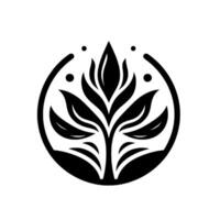 A symmetrical, minimalist black and white illustration of a stylized plant or floral encased within a circular frame, showcasing a sense of balance and harmony, with three small circles. vector