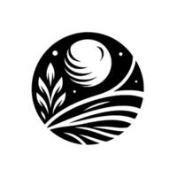 A serene, minimalist circular emblem showcasing stylized leaves, a textured moon or sun with delicate layers, and rolling fields under a starlit night sky in monochromatic contrast. vector