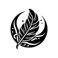 Black feather emblem nested in moon crescents with ornate details, creating a stylized, minimalist, and elegant on white background. vector