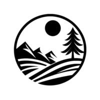 Circular Monochrome Illustration of a Mountain Landscape with Sun and Pine Tree, Showcasing Serene Nature and Minimalist Design. vector