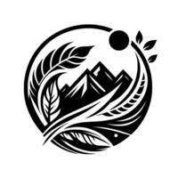 Monochromatic Emblem A stylized mountain range framed by organic elements of leaves and botanical forms, encased in a circular with a celestial orb. vector