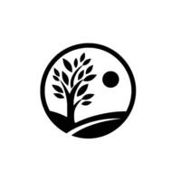 Minimalist black and white emblem of a tree, sun, and landscape encapsulated within a circular frame, representing growth and nature. vector