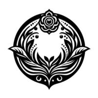 Intricate monochrome floral emblem featuring a central rose motif within an ornate circular frame, surrounded by stylized leaves and decorative elements. vector
