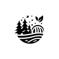A stylized black and white emblem featuring evergreen trees and a stylized field, evoking natures tranquility, with falling leaves and dots. vector