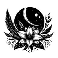 Intricate monochrome illustration of a stylized flower and celestial elements crescent moon, stars, and surrounding feathers and foliage. vector