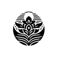 A symmetrical, black and white botanical emblem features a stylized lotus flower within an oval frame, integrating linear and curved elements. vector