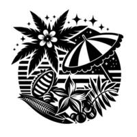 Tropical black and white illustration, encapsulating a beach scene, featuring palm trees, beach umbrella, flowers, and stars arranged within a circular design. vector