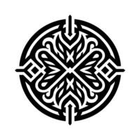 Intricate black and white circular featuring symmetrical ornamental elements, arrows, and geometric shapes, creating a visually balanced composition. vector