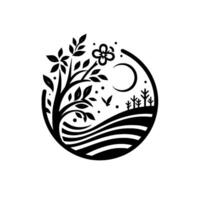 A stylized, minimalist black and white illustration inside a circle, depicting a serene rural landscape with a flowering tree, rolling hills, a crescent moon, and stylized trees. vector