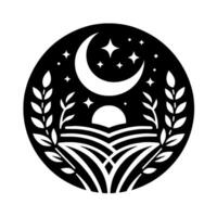 A Celestial Circle Depicting a Serene Night Landscape, with a Crescent Moon, Stars, Wheat, and Rolling Fields, in Silhouette. vector