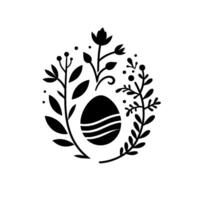 Monochrome Easter Egg surrounded by a floral wreath composed of leaves, flowers, and berries against a white backdrop, creating a minimalist and elegant design. vector