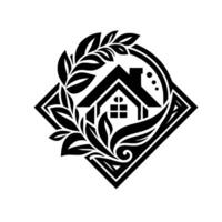 Black and White Artistic Featuring a Home Surrounded by Foliage Within a Decorative Diamond and Circle Frame. vector