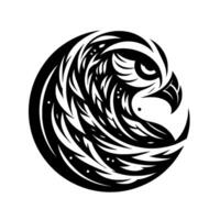 A minimalist, circular emblem showcasing an abstract, stylized eagles head in monochromatic tones, blending geometric shapes and organic curves against a pure white backdrop. vector