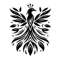 A symmetrical, black and white emblem depicting a stylized phoenix or eagle, with a crown, intricate feather details, and decorative leaf elements, set against a clean white background. vector