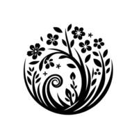 A stylized, black and white floral design, arranged within a circular frame, featuring delicate blossoms, leaves, and intricate details conveying growth. vector