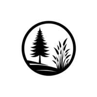 Minimalist Silhouette A Black and White Circular Composition Featuring a Pine Tree, Reeds, and a Subtle Landscape Element, Isolated on a White Background. vector