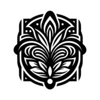 Intricate Black and White Floral Emblem A symmetrical with stylized leaves, swirls, and geometric elements, evoking a sense of elegance and balance. vector