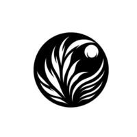 A minimalist black and white of stylized plant life and a crescent moon within a circle, evoking nature and balance. vector