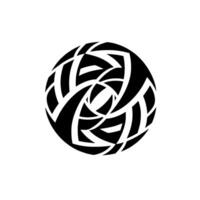 A minimalist abstract showcasing a black, intricately patterned sphere formed by interlocking shapes against a white backdrop with a subtle shadow. vector
